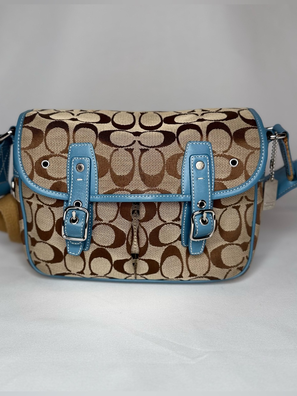 Coach Signature Canvas Messenger Shoulder Bag Blue Trim Y2K Crossbody